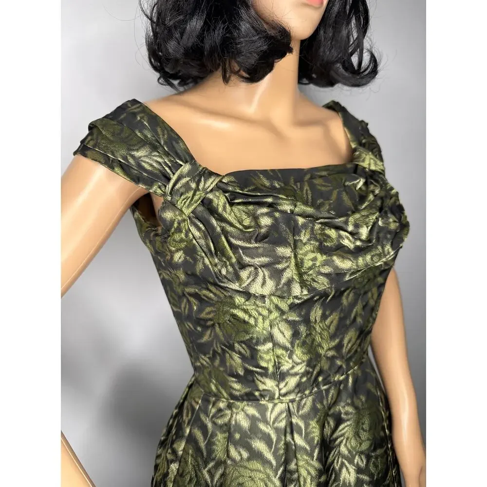 Vintage 1950s Olive Gold Brocade Cocktail Dress with Boned Bodice  XS